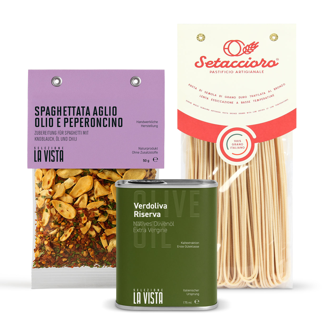 Spaghetti Aglio e Olio Geschenkbox mit Pasta, Olivenöl und Gewürz