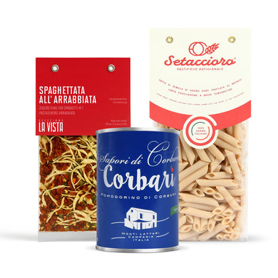 Penne all’Arrabbiata Geschenkbox mit Pasta, Tomaten und Gewürz