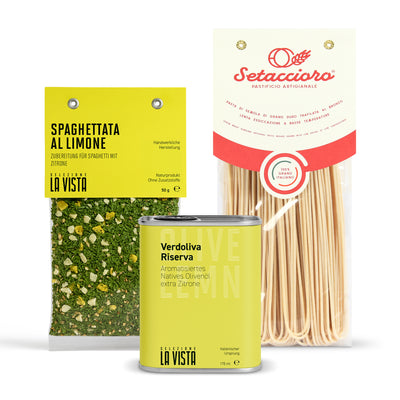 Geschenkbox Spaghetti Limone mit Spaghetti, Zitronenöl und Gewürz